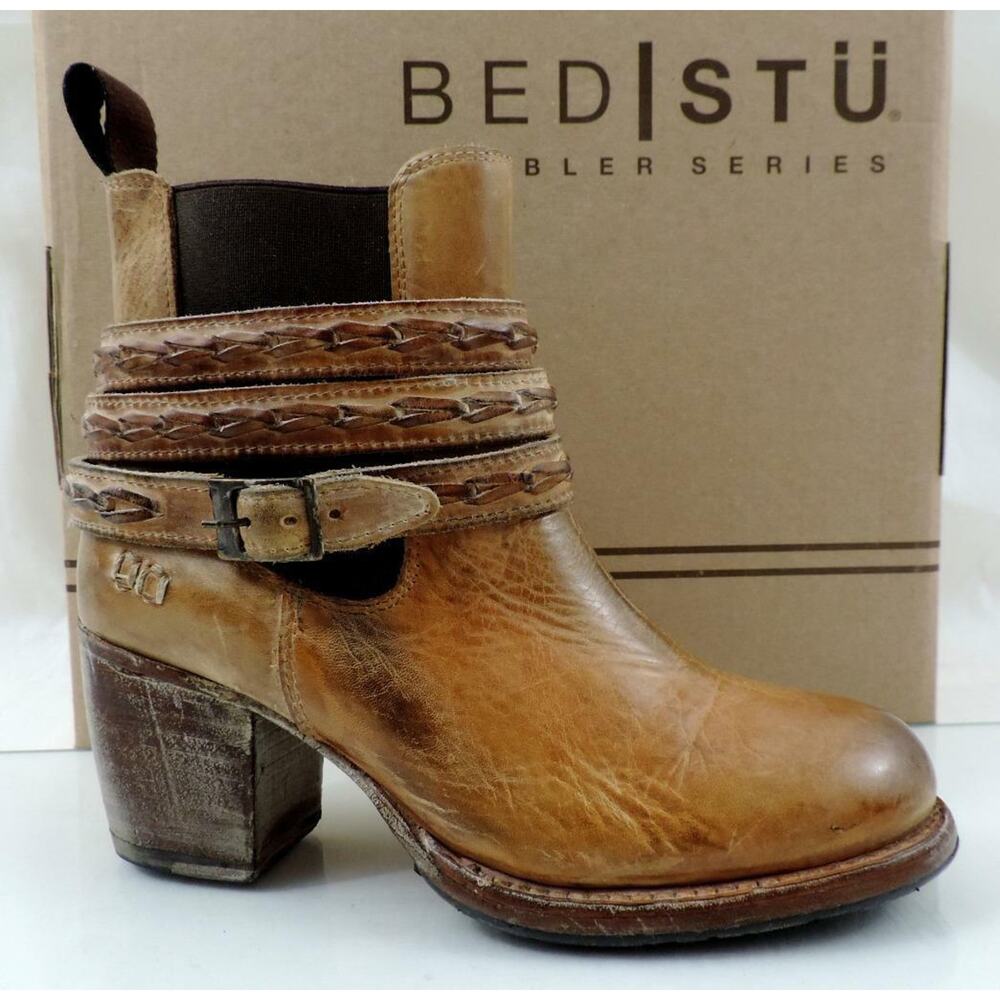 Bed Stu Lorn Belted Western Harness Ankle Heel Boots Leather Tan Rustic Size 6.5